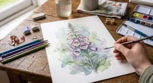 Mixed media painting featuring delicate watercolour pencil details layered over soft watercolour paint washes.