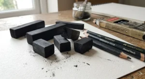 Dark, dense compressed charcoal blocks and charcoal pencils used for sketching and intense black shading.