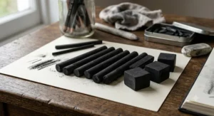 A selection of uniform, dark compressed charcoal sticks and square blocks highlighting their rich and intense black pigmentation.