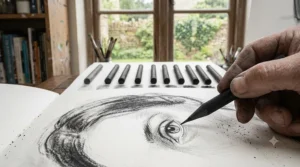 Using the sharp edge of compressed charcoal sticks for drawing fine detail lines and sharp contours on paper.