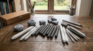 An assortment of compressed charcoal sticks for drawing, putties, and paper stumps arranged on a wooden art class table.