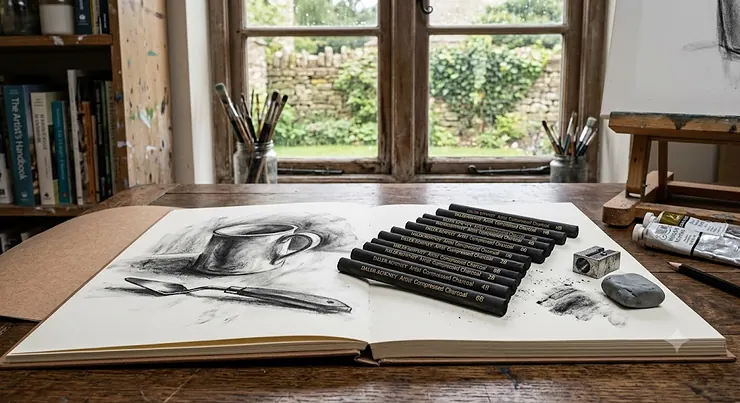 A set of professional grade compressed charcoal sticks for drawing, displayed on an artist sketching pad in a British studio.