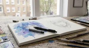 An open sketchbook in a London art studio displaying a mechanical pencil for drawing alongside watercolour washes.