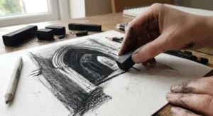 Creating deep, rich black tones and sharp lines in an art studio using compressed charcoal blocks.