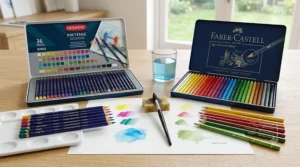 Side-by-side comparison of premium watercolour pencils including British brand Derwent and Faber-Castell