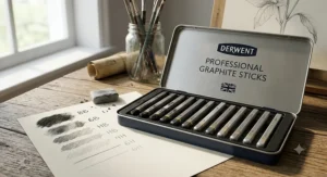 A tin set of professional Derwent graphite sticks for drawing, showing assorted grades from hard to soft.