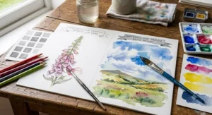 Fine line details drawn with watercolour pencils alongside broad background washes created with watercolour paints.