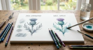 Comparison illustration showing dry pencil strokes transformed into a smooth watercolour wash with water