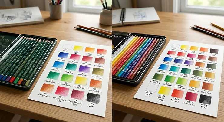 Side-by-side visual comparison of Faber-Castell and Prismacolor coloured pencils with vibrant colour swatches.