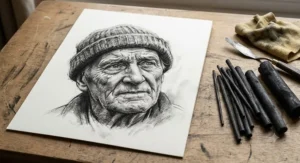 Detailed portrait drawing created using the best willow charcoal on textured British cartridge paper.