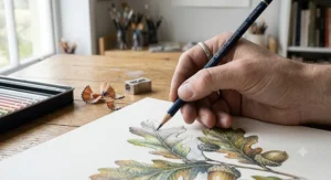 Close-up of an illustrator executing fine detail shading with a sharpened artists coloured pencil.