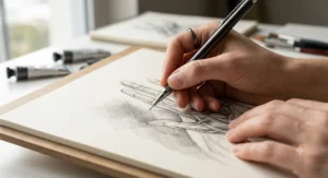 An artist utilising a fine 0.5 mechanical pencil for intricate detail drawing and cross hatching