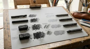 A comparison layout of dark charcoal pieces next to metallic, smooth graphite sticks for drawing on grey paper.