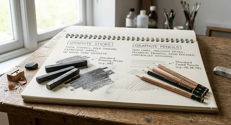 A side by side comparison guide of standard drawing graphite sticks vs graphite pencils on an artist sketching pad.