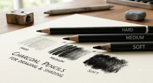 Comparison of swatches showing hard, medium, and soft charcoal pencils for drawing and shading.