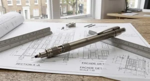 A premium heavyweight metal mechanical pencil for drawing precise architectural blueprints.
