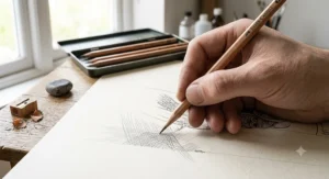 An artist holding a sharp graphite pencil using a precision grip for fine detail work and intricate line drawing.