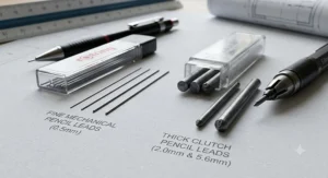 Graphite lead thickness comparison showing fine mechanical pencil refills next to thick clutch pencil leads.