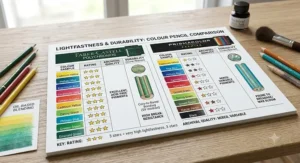 Comparison chart displaying lightfastness ratings and archival quality of Faber-Castell and Prismacolor pencils.