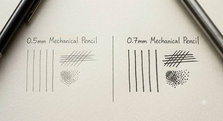 A side by side line width comparison of a 0.5 vs 0.7 mechanical pencil for drawing on textured cartridge paper