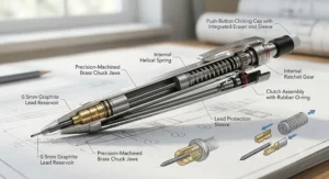 An annotated diagram showing the internal clicking and advancing mechanism of a British mechanical pencil.