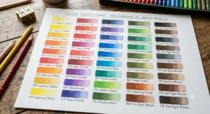 Hand-drawn colour swatch sheet displaying vibrant pigments and lightfast shades of oil based coloured pencils.