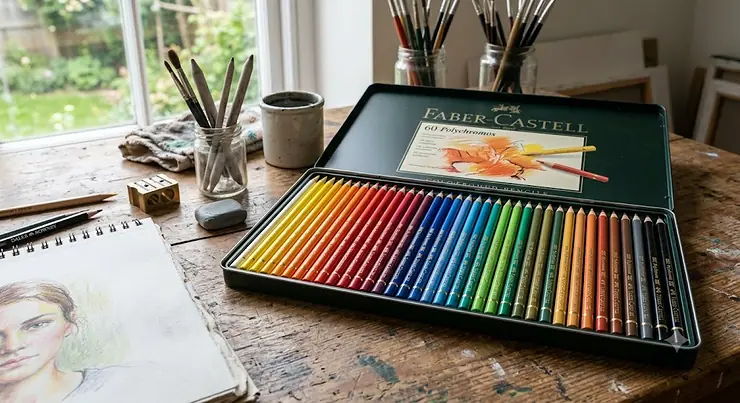 A set of premium oil based coloured pencils neatly arranged in a tin on an artist wooden desk.