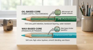 Diagram showing the oil-based core of Faber-Castell Polychromos versus the wax-based core of Prismacolor Premier pencils.