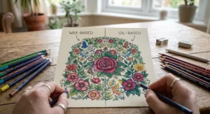 Comparison test showing colour payoff between wax-based and oil-based coloured pencils on adult colouring paper