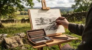 Artist creating a landscape sketch outdoors using a compact travel charcoal drawing set on heavy cartridge paper.