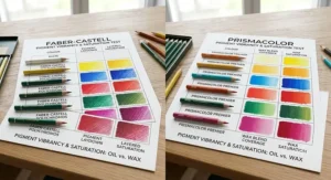 Colour swatch test comparing pigment vibrancy and paper coverage between Faber-Castell and Prismacolor.