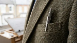A pocket-safe clutch pencil with a sturdy silver clip attached to a tweed jacket pocket.