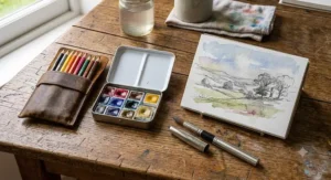 Compact art kit comparing watercolour pencils and a half-pan watercolour paint travel box for outdoor plein air sketching in the UK.