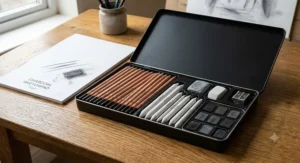 Professional charcoal drawing set presented in an open metal tin with compressed charcoal sticks and a putty rubber.