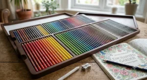 A wide selection of professional coloured pencils arranged in a rainbow gradient for adult colouring enthusiasts