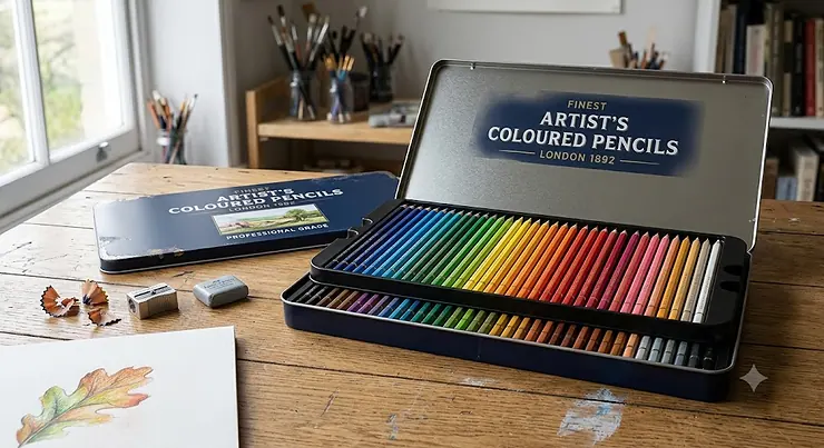 A tin box of professional artists coloured pencils neatly arranged by hue on a wooden studio desk.