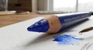 Close-up detail of a high-pigment watercolour pencil core showing soft texture and wooden barrel