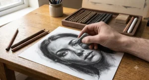 Using a kneaded putty rubber from a charcoal drawing set to lift charcoal powder and create delicate highlights.
