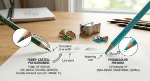 Detailed comparison of tip sharpener durability and fine line precision between both coloured pencil brands.