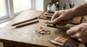 A close up of sharpening traditional wood encased graphite pencils with a craft knife for a bespoke drawing point.