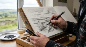 An artist sketching a landscape using a versatile clutch pencil with soft grade graphite lead.