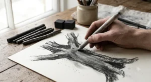 Demonstrating the loose, highly blendable texture of charcoal sticks being smudged with a paper tortillon or blending stump.