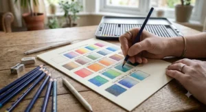 Colour swatches demonstrating smooth blending and shading techniques using soft-core coloured pencils for adult colouring