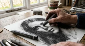 Soft 4B and 6B graphite sticks for drawing deep shadows and high-contrast dramatic tones in a portrait.