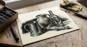 A dramatic still life charcoal sketch demonstrating the deep black tones achievable with the best willow charcoal.