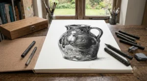A completed still life sketch of a ceramic jug, created entirely with compressed charcoal sticks for drawing.