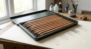 A set of traditional wood cased graphite pencils ranging from hard H grades to soft B grades for detailed drawing.