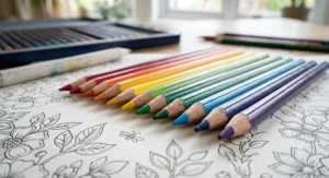 Macro shot of sharp, vibrant coloured pencil tips ideal for fine detail work in adult colouring books