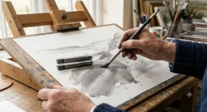 Close-up of a hand using water-soluble graphite sticks for drawing and creating smooth tonal washes with a paintbrush.