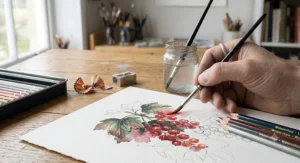 Watercolour artists coloured pencils activated with a wet brush on cold pressed paper.
